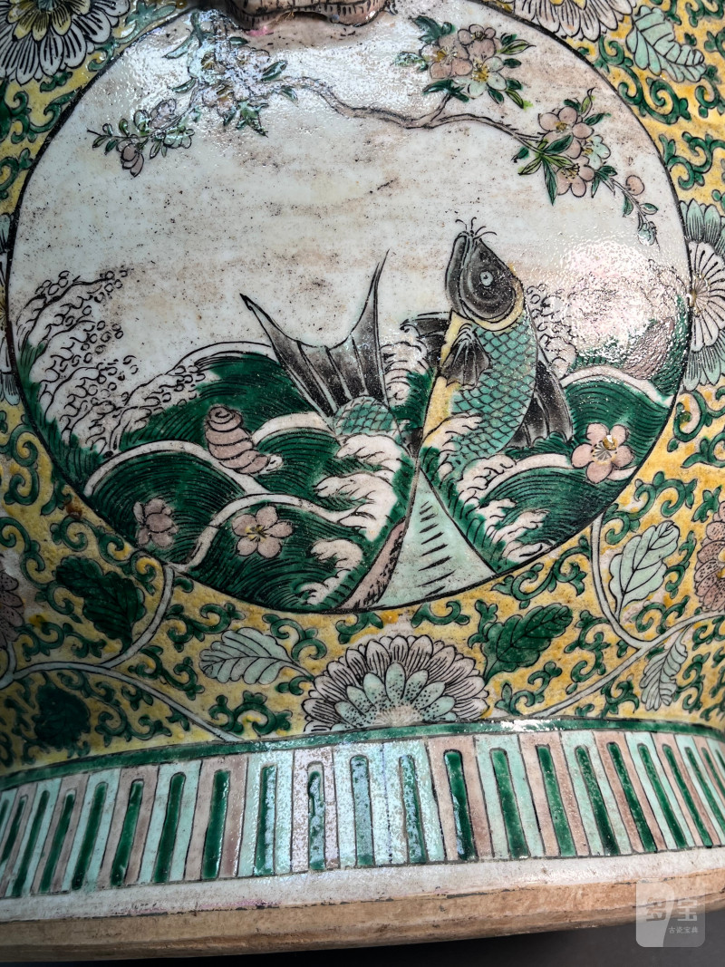 清光绪  素三彩花卉开光花鸟纹铺首缸 - 图16